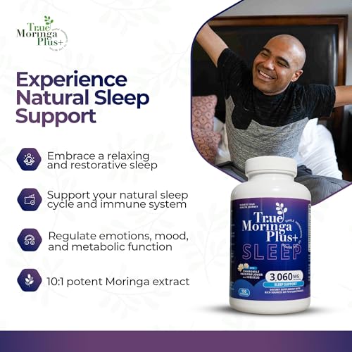 True Moringa Plus+ Sleep Support Supplement 10:1 Extract | 20,000mg of Organic Moringa, Chamomile, Passion Flower, Valerian Root, Hibiscus for Relaxation | Natural Sleep Aid for Adults (150 Capsules)