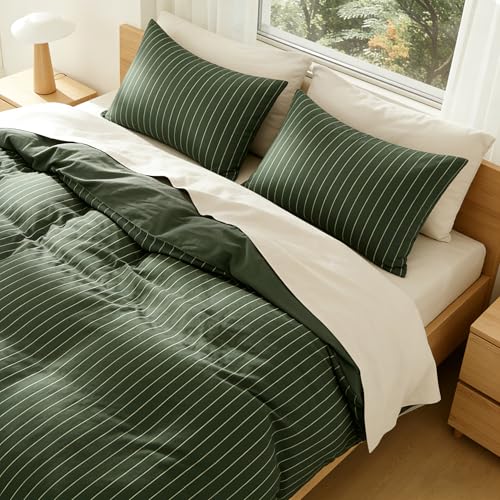 Image of Striped Duvet Cover Twin Size Olive Green Stripes Reversible Bedding Set Vertical Ticking Stripes Soft Breathable Microfiber Comforter Cover Set with Zipper Closure and 1 Pillowcase