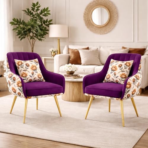 Image of Velvet Accent Chair | Luxury Upholstered Armchair with Sturdy Metal Legs | Modern Comfortable Chair for Living Room, Bedroom, Office, or Cafe (Golden Legs, Purple Floral)