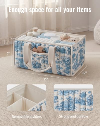 Image of Blissful Diary Toile Diaper Caddy Organizer, Baby Diaper Basket, Blue Toile