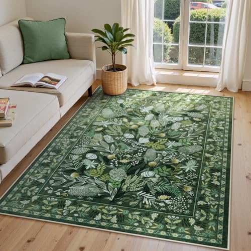 Anidaroel Green Botanical Floral Washable 5x7 Area Rugs, Abstract Large Rugs for Living Room Non-Slip Soft Modern Rugs for Bedroom, Stain Resistant Accent Floor Carpet for Dining Room Entryway