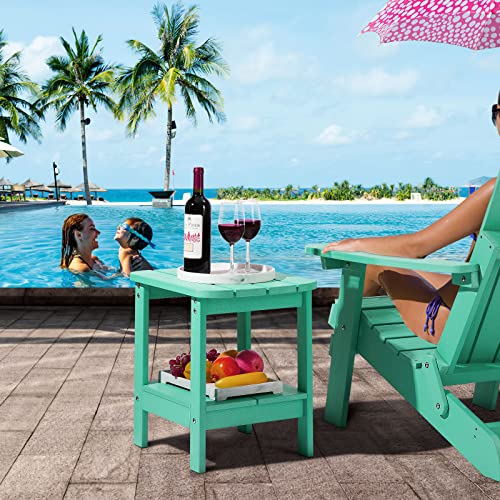 Luxspire Outdoor Side Table, Weather Resistant Adirondack Side Table, Double-Layer Small Patio Porch Balcony End Table, Rectangular Poly Plastic Tea Coffee Table For Deck Garden Furniture, Turquoise #TOP1