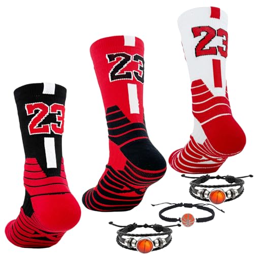 3 Pairs Basketball Crew Socks, 23 Mens Athletic Sock with Shoelace Bracelets, League Team Sports-Star-Fans Gift