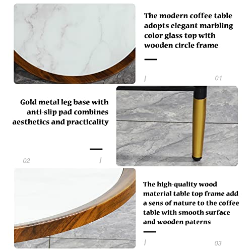Round Coffee Table, 35In Modern Living Room Accent Side Tea Table With Marbling Glass Top, Black Gold Metal Legs Industrial Sofa Center Table For Dining Room With Wood Veneer Top Frame #TOP4