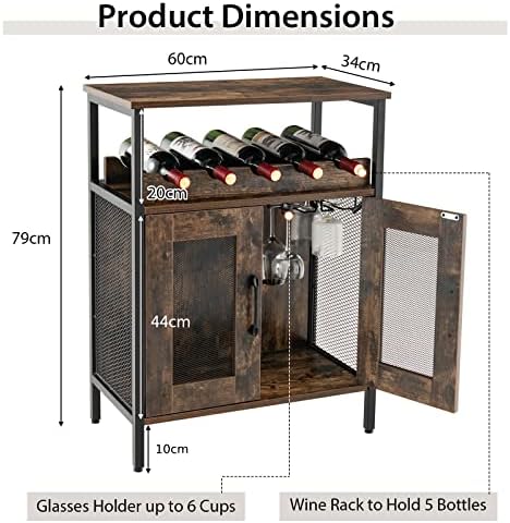 COSTWAY Wine Cabinet Sideboard, Industrial Kitchen Storage Cabinet with Removable Wine Rack, Glass Holder, Mesh Door & Anti-tipping Device, Wooden Buffet Cupboard Organizer for Dining Living Room