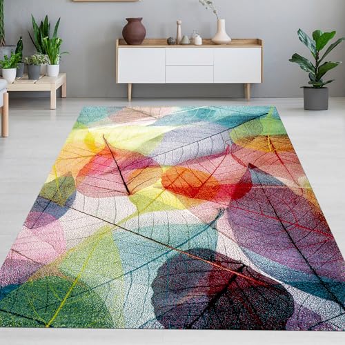 CARPETIA Tapis Salon Chambre Bureau Salle à Manger Facile à Entretenir Robuste Doux Riche en Couleur avec Motif de Feuilles Multicolore, 140 x 200 cm