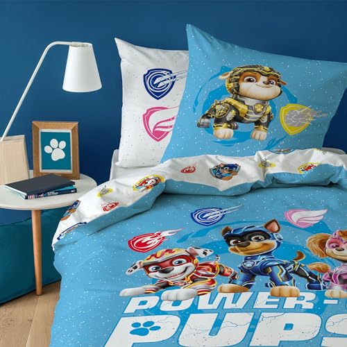 Pat Patrouille Power Parure de lit Enfant 1 Personne | 100% Coton | Oeko-TEX | Housse de Couette 140x200 cm + Taie d'oreiller 63x63 cm | Imprimé Réversible Garçon |...