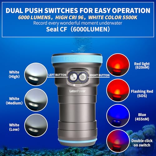 LetonPower Seal CF Linterna Buceo Video 6000 Lúmenes - 120° CRI 96 5500K, A Prueba de Agua 100m, Recargable USB-C para Video y Foto Profesional - imagen 3