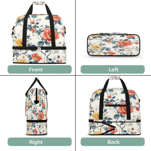 Sports Gym Bag Red Flower Watercolor Large Travel Duffel Bag With Shoe Compartment Foldable Waterproof Carry-On Weekend Travel Bags for Camping Overnight Yoga Hospital Travel Bags3