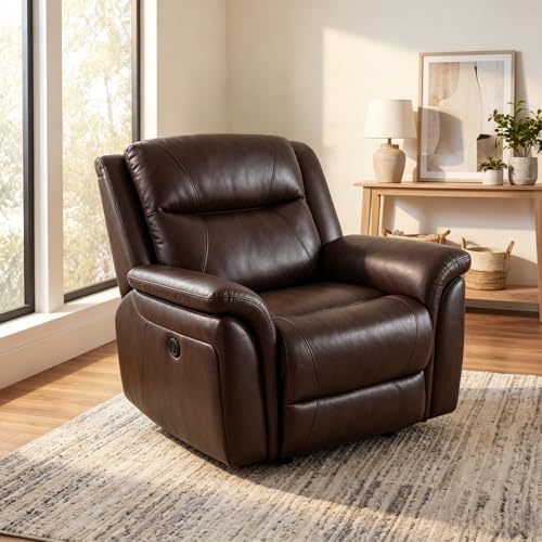 Image of Single Leather Manual Recliner Chair, Oversized Lazy Boy Recliner with Home Theater Seating, Breathable Living Room Reclining Chair for Adults Reading, Gaming, Relax, Brown