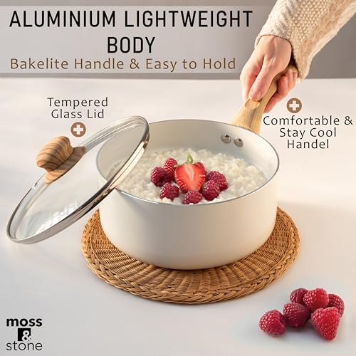 Image of Moss & Stone 6 Pcs White Nonstick Cookware Set, Pots And Pans Set Non stick With Glass Lid, Induction Cookware, Stay-Cool Handle PTFE /PFOA Kitchen Pots 6-Piece with Frying Pans & Saucepan