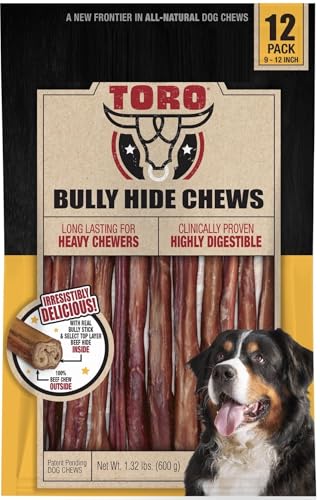 Premium Level Cadet Toro Bully Sticks, All-Natural Dog Chews, 12 Sticks (9~12 Inch/Stick)