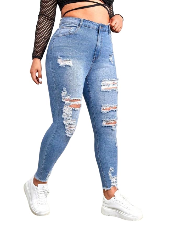 Plus Size Distressed Skinny Jeans for Women – Stretch Denim, Front Button Closure, Multi-Pocket Design, and Frayed Hem3