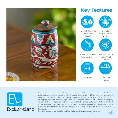 Image of ExclusiveLane 'Mughal Drum' Multi Utility Storage Ceramic Jar For Kitchen Storage With Wooden Lid (Airtight,570 ML)|Ceramic Jars And Container For Kitchen Storage Airtight Container For Kitchen,Red