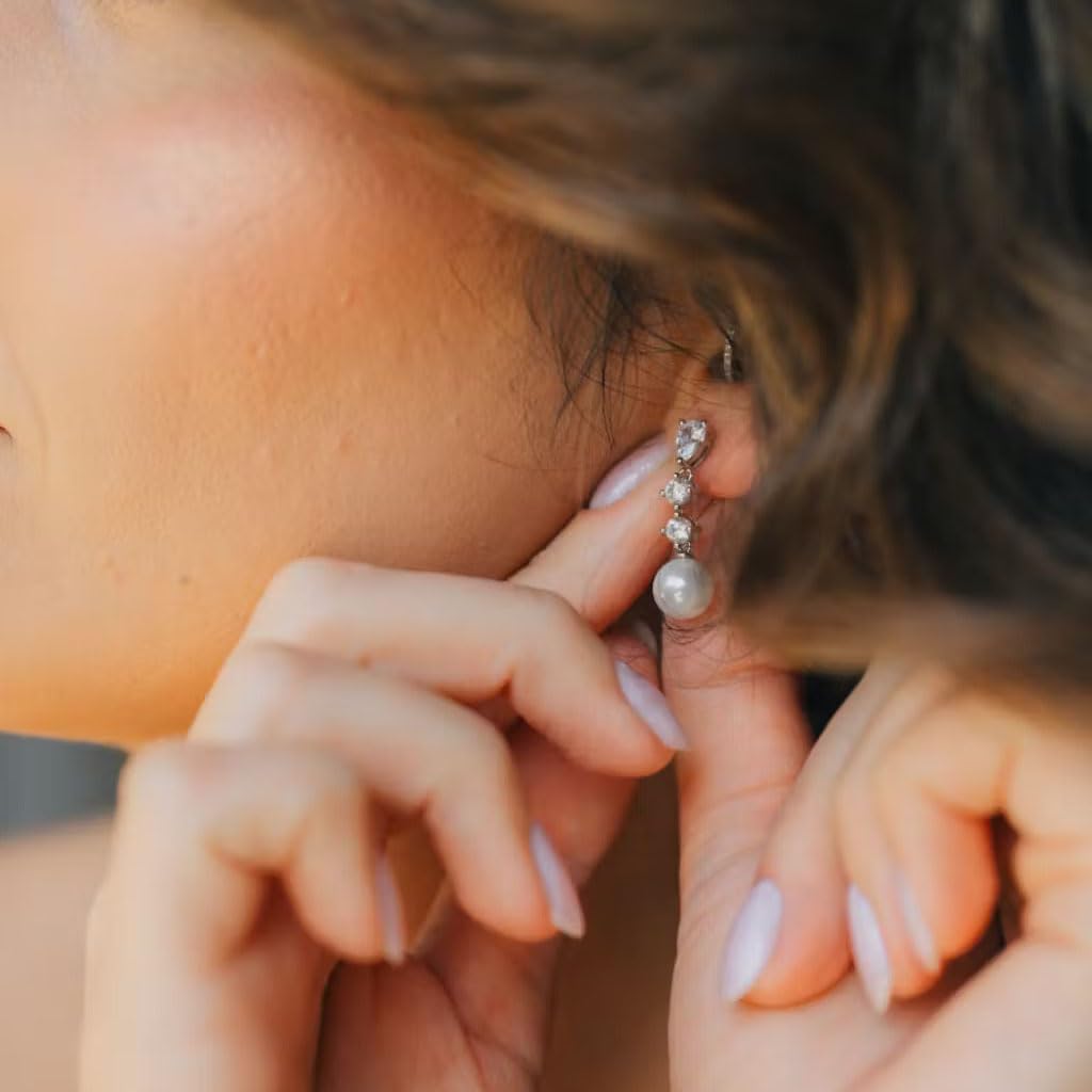 Sterling Silver Pearl Drop Earrings for Women Cubic Zirconia Hypoallergenic Earrings Studs Trendy Bridal Wedding Jewelry - Image 3