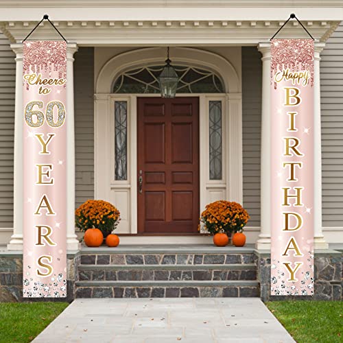 Image of 60th Birthday Decorations Door Banner for Women, Pink Rose Gold Cheers to 60 Years Birthday Backdrop Sign Party Supplies, Happy Sixty Birthday Porch Decor for Outdoor Indoor