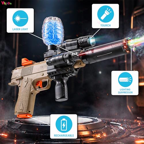 Image of VikriDa Automatic & Manual (Dual Mode) M1911 Electric Automatic Ball Blaster Toy Gun with Smoke Spray and LED Sensor Light Suppressor | Toy Gun with Rapid Fire Mode with Accessories for Adults