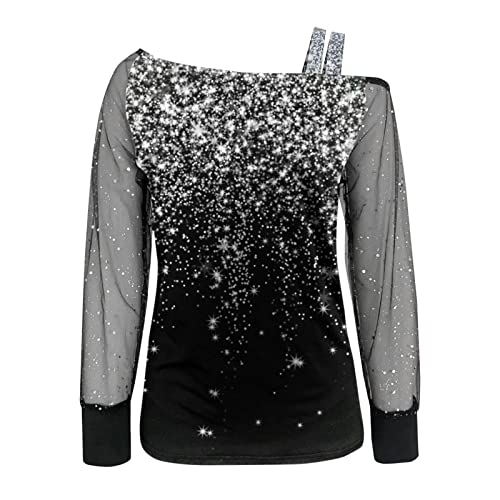 Women Sequin Print Mesh Long Sleeve Cold Shoulder Splice T-Shirt Tops Cropped Blouse Loose Tees Silver #TOP3