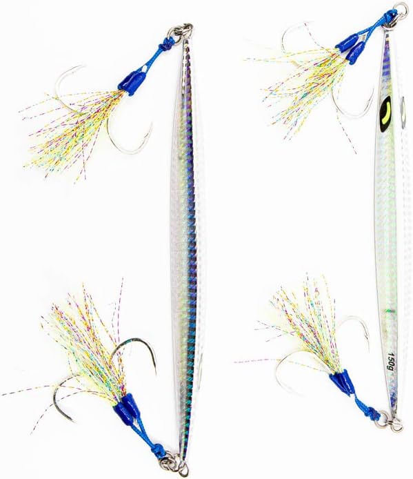 Jigs R Us Mobster Silver Glow-150g Rigged with Top and Bottom Dual Assist Hooks.