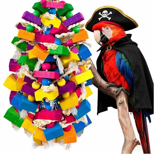 KTCWPAW Large Parrot Chew Toys, Colorful Natural Wood Hanging Shredding Toy, Heavy Duty Beak Grinding Enrichment Toy for Macaw, Cockatoo, African Grey Large Bird Cage Accessories