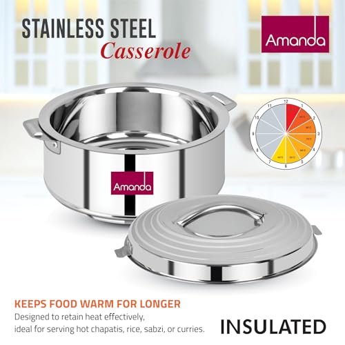 Image of Amanda Stainless Steel Casserole Set of 3 (1000ml, 2000ml & 3000ml) - Hot Pot for Roti, Sabji & Biryani | Durable & Rust-Free | Ideal for Daily Use & Gifting (Set of 2 (2000ML, 3000ML))