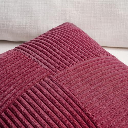 Image of Fancy Homi 2 Packs Burgundy Samll Decorative Throw Pillow Covers 14x14 Inch with for Couch Bed Sofa, Rustic Farmhouse Boho Home Decor, Soft Corss Patchwork Corduroy Square Cushion Case 35x35 cm