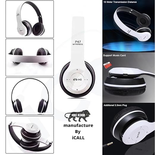 Image of icall Wired & Wireless with Mic & SD Card Supports and Upto 6 Hours Playback Bluetooth (True Wireless) (White)