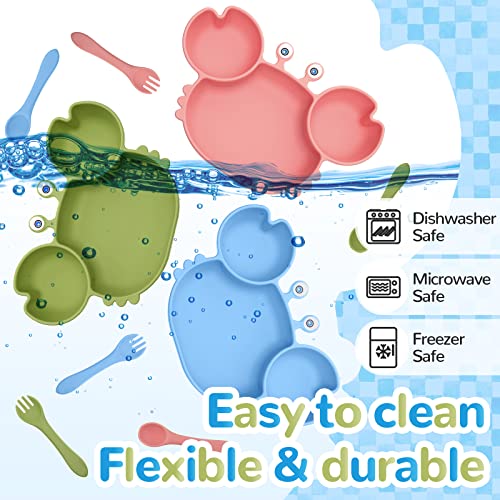 3 Sets Toddler Plates With Suction Crab Suction Plates For Baby Animal Baby Dishes Include 3 Divided Silicone Plates 3 Baby Food Spoons 3 Forks Toddler Plates For Feeding Eating Training, 3 Colors #TOP3