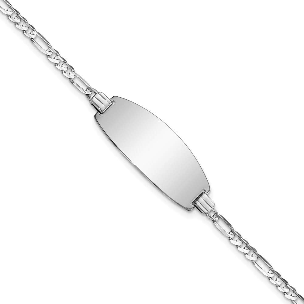 Engravable Personalized Custom 14K White Gold Oval Figaro ID Bracelet For Men or Women Length 7 inches Width 10.5 mm