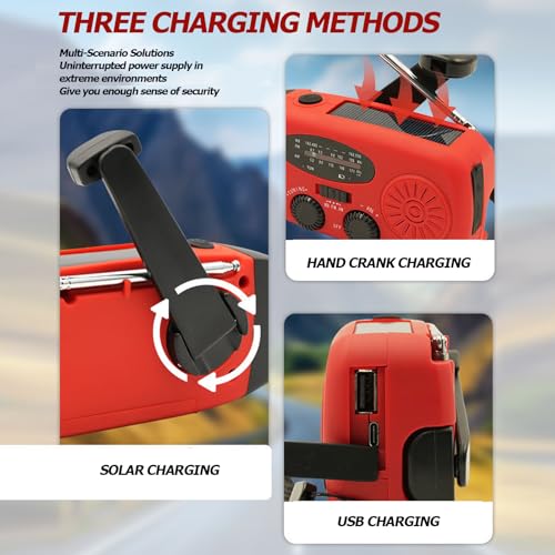 Kurbelradio mit Solar und LED Taschenlampe, Handkurbel Dynamo Notfallradio Batterie Power 2000MAH NI MH Weltempfänger für Camping und Outdoor