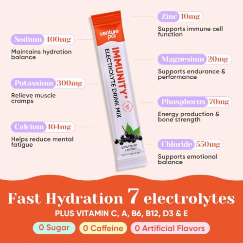 Image of Venture Pal Sugar Free Hydration Packets+Immune-Liquid Daily IV Drink Mix | Electrolyte Powder with 7 Electrolytes & 6 Vitamins, Probiotics + Elderberry | Non-GMO, Keto Friendly, Vegan | 16 Sticks