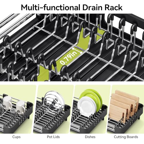 Image of Urackify Stainless Steel Dish Drying Rack - Dish Drainer for Kitchen Counter, Extendable Drainboard with Foldable, Space-Saving Cup & Bowl Organizer, Includes Knife and Utensil Holder, Black