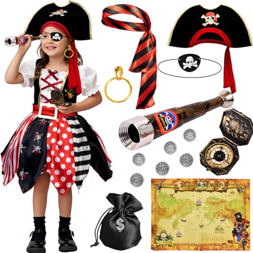 Tacobear Piratenkostüm Kinder Mädchen Piraten Kleid mit Piratenhut Bandana Augenklappe Karte Teleskop Compass Faschingskostüme Kinderkostüm Karneval Halloween Cosplay (130, 7-8 Jahre)
