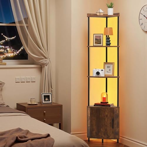 Image of VEVOR 5 Tier Corner Shelf with LED Light, 65.4 inch Tall Corner Bookshelf with Storage Cabinet, Display Shelf with Multi-Color Lights Controlled Via RC /APP for Bedroom, Living Room, Office