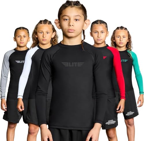 Elite Sports Kids BJJ Rash Guard Boys Girls Long Sleeve Compression Shirt MMA Wrestling No Gi Grappling Training