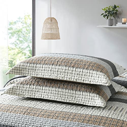 Image of PANGUSHAN 100% Cotton Quilt Set Queen Size, Patchwork Queen Quilt Bedding Set Bedspreads, Farmhouse Lightweight Comforter Reversible Quilt, White /Brown /Grey Bed Spread for All Season, 3 Pieces