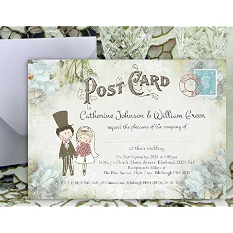Wedding Invitations - Pack of 50 Personalised for Day or Evening - 15x10cm Cute Couple Flower Postcard Invites with Choice of Envelopes Cover
