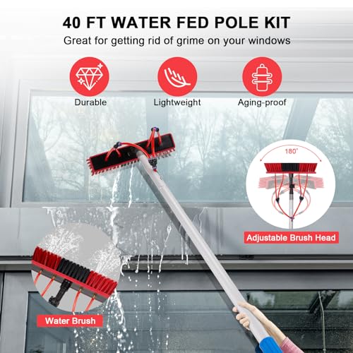 Image of 40 FT Adjustable Window Cleaning Pole Kit with 20M Hose & 180 Rotating BrushHead, White & Black Nylon Bristles, Aluminum Handle, Caravan, Solar Panel, Deck Cleaner