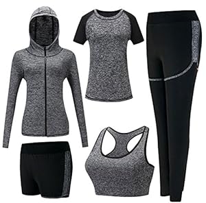 ZETIY Survêtement de Fitness Femme 5 Pieces Costumes de Sport Yoga Fitness Tenue de Sport Sportswear pour Gym Jogging Athletisme - Gris - L