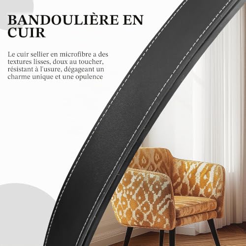 Miroir coiffeuse HD rond noir avec sangle grand miroir decoratif salon