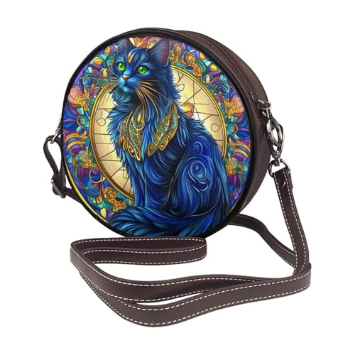 Stained Glass Cat With Blue Fur Green Eyes Women Round Crossbody Bags Leather Sling Bag Purse2