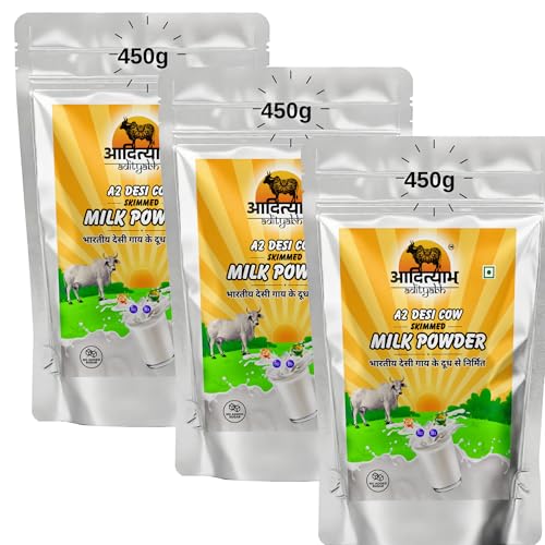 Image of Adityabh A2 Cow Skimmed Milk Powder 450g (Pack of 3) | Clean & Natural | No Added Sugar | No Preservatives | Nutrient-Rich Dairy Powder | Ideal for Tea, Coffee & Daily Kitchen Use