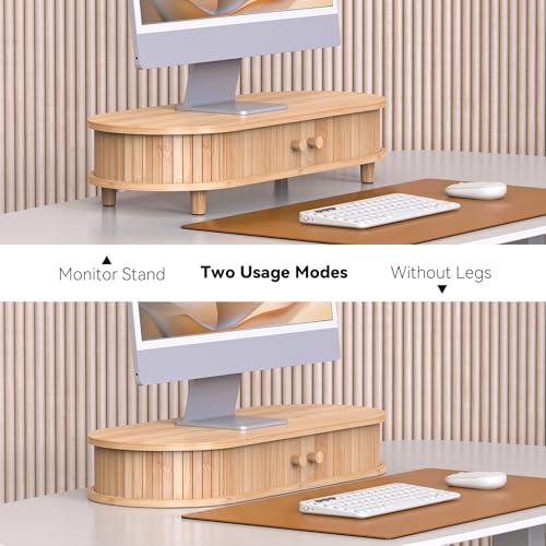 WELL WENG Bamboo Monitor Stand with Storage, Curved Computer Laptop Stand Desk Shelf Organizer with Sliding Doors (25 inch) — view 6