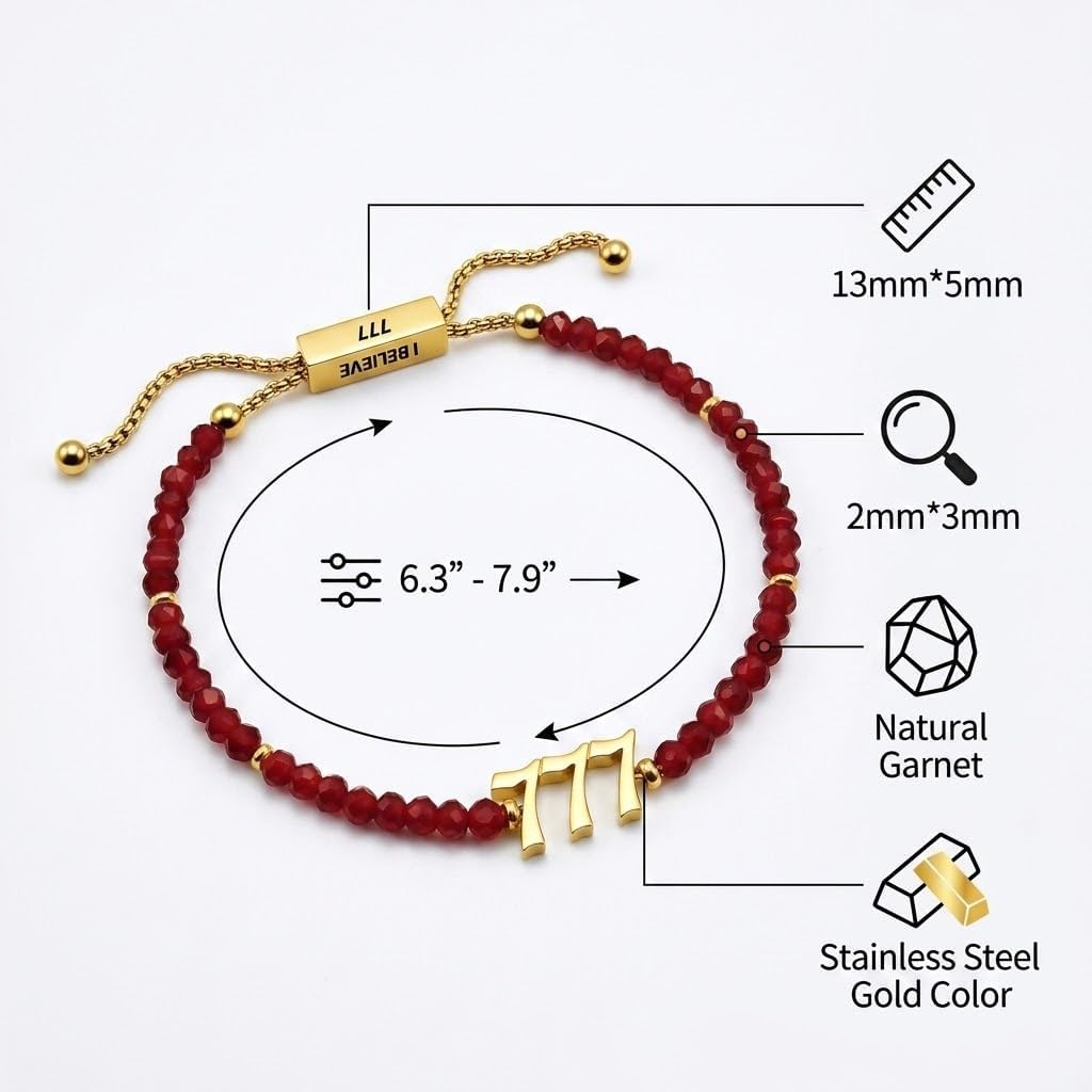 777 Angel Number Bracelet for Women, Natural Garnet Healing Beaded Bracelet, 18K Gold Plated Stainless Steel Adjustable Slider Bracelet, Spiritual Lucky Jewelry Gift with I BELIEVE Engraved