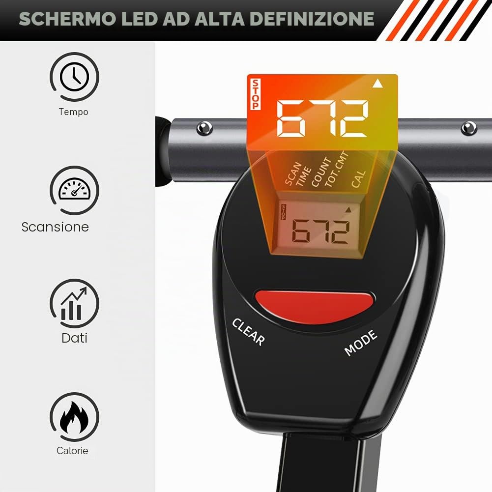 Dioche vogatore casa pieghevole con tracolla pedale regolabile, resistenza pistone, display LCD, nero, portata fino a 120 kg