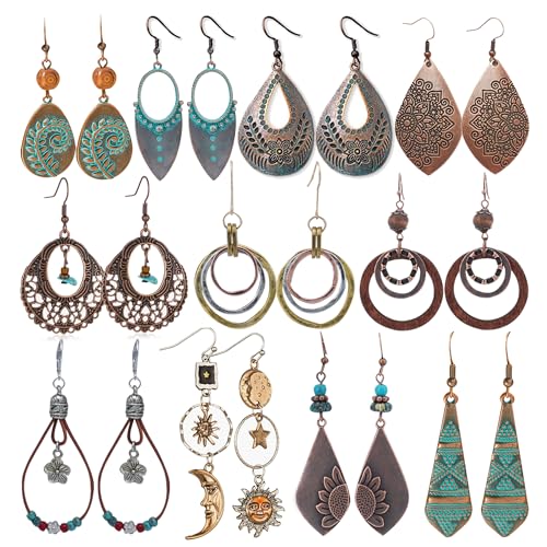 11 Pairs Vintage Drop Dangle Earrings for Women Boho Earring Jewelry Set Retro Flower Dangly Earring Teardrop Sun and Moon Earrings for Mother's Day Christmas