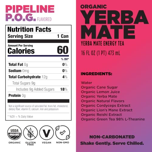 Image of Daytrip Organic Yerba Mate Energy Drink- Clean, Plant Based Caffeine (200mg) with Adaptogenic Mushrooms and Green Tea for Focus and Brain Fog - Low Calorie, Low Sugar (12 Pack Case) (Pipeline POG)