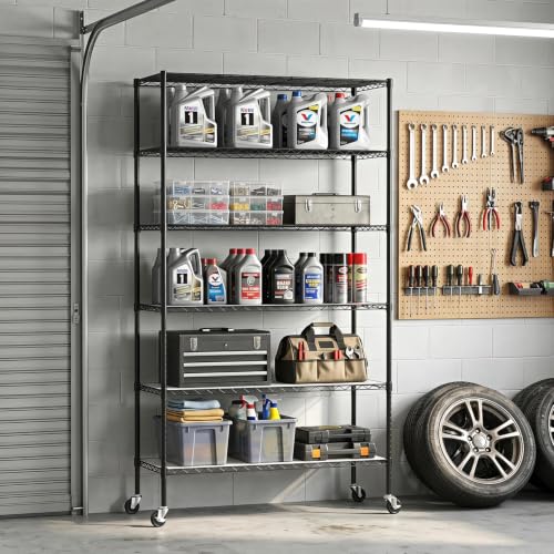Image of BestOffice | 6-Tier Wire Storage Shelves with PP Shim | 18x45x82 | Black | Wheels | Adjustable Racks | Heavy-Duty Metal Shelf, Holds Upto 2100 lbs | No-Tool Assembly | Ideal for Home & Garage Shelving