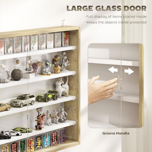 Image of HOMCOM 5-Tier Display Cabinet, Glass Door Cabinet with Adjustable Shelves, Wall-Mounted Display Case for Playroom, Bedroom, Oak and White