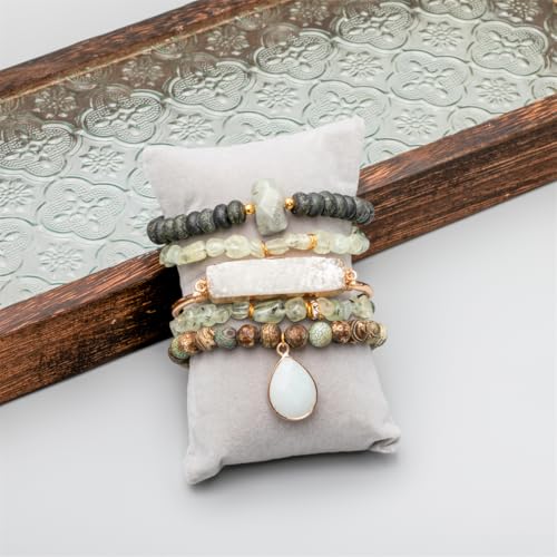 5PCS Natural Boho Beaded Bracelets Bangle for Women Men,Healing Turquoise Jasper Agate Crystal Gemstone Stone Chakra Multilayer Wrap Bohemian Handmade Jewelry Beads Stretch Bracelet Set3